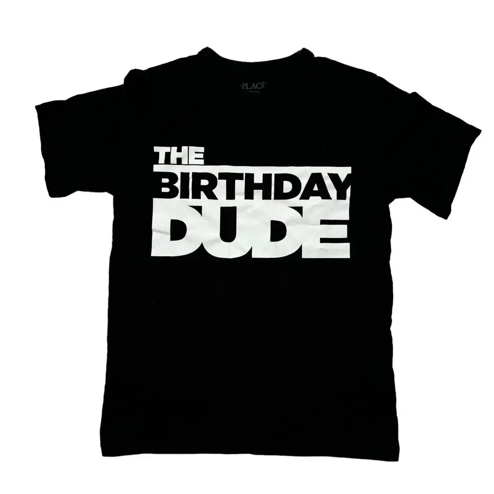 CHILDRENS PLACE The Birthday Dude Black Short Sleeve Tee Size 7-8 Boys Cotton